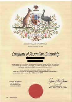 Einbürgerungsurkunde zur Annahme der australischen Staatsbürgerschaft